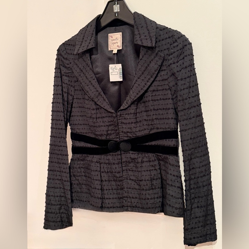 Nanette Lepore Black Textured Dot Blazer with Velvet Trim
